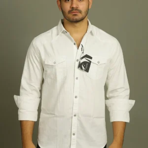 White Trendy Premium Denim-Type Long Sleeve Shirt (Cotton)