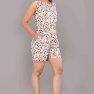 Cotton summer floral jumpsuit - multicolor short jumpsuit for women with vibrant floral print