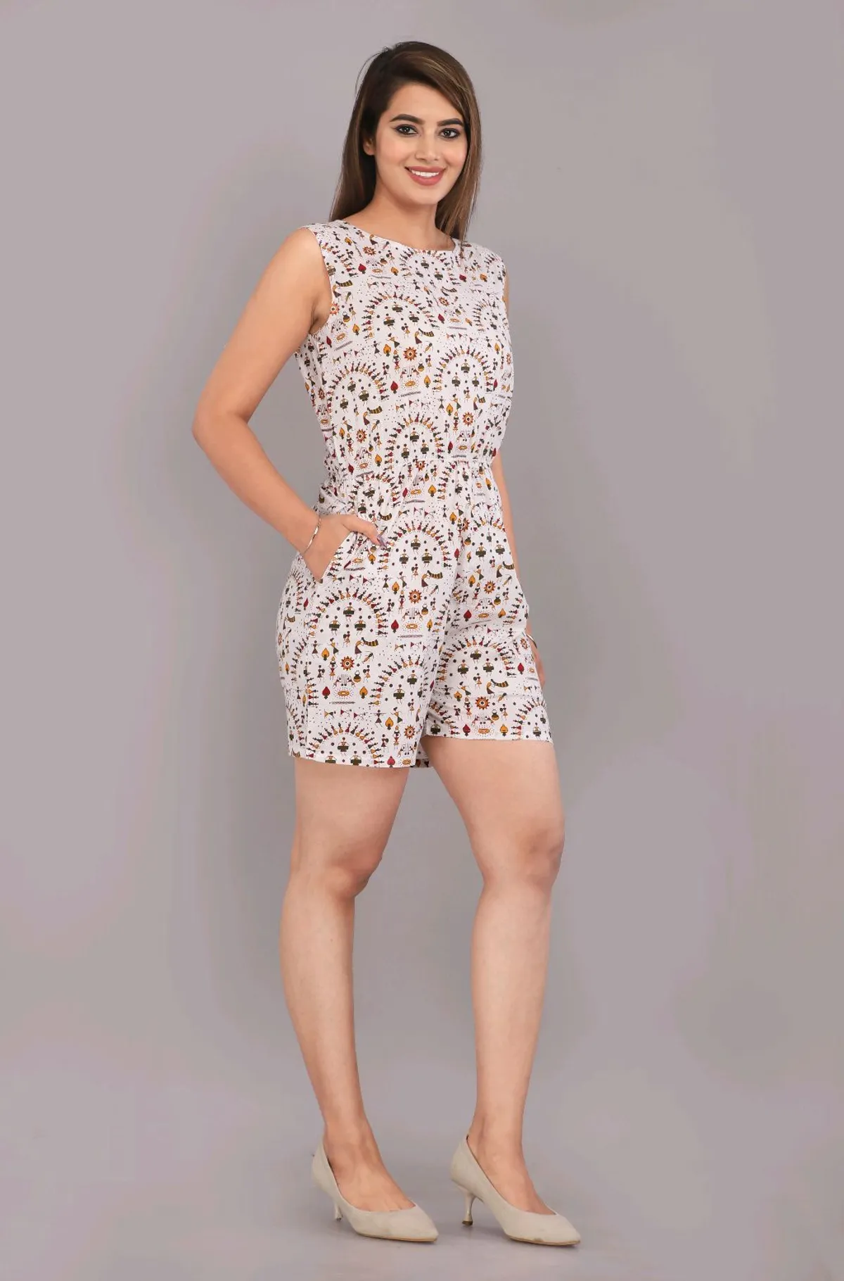 Cotton summer floral jumpsuit - multicolor short jumpsuit for women with vibrant floral print
