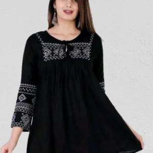 Black Trendy Premium Embroidered Charm Tunic Top (Cotton)