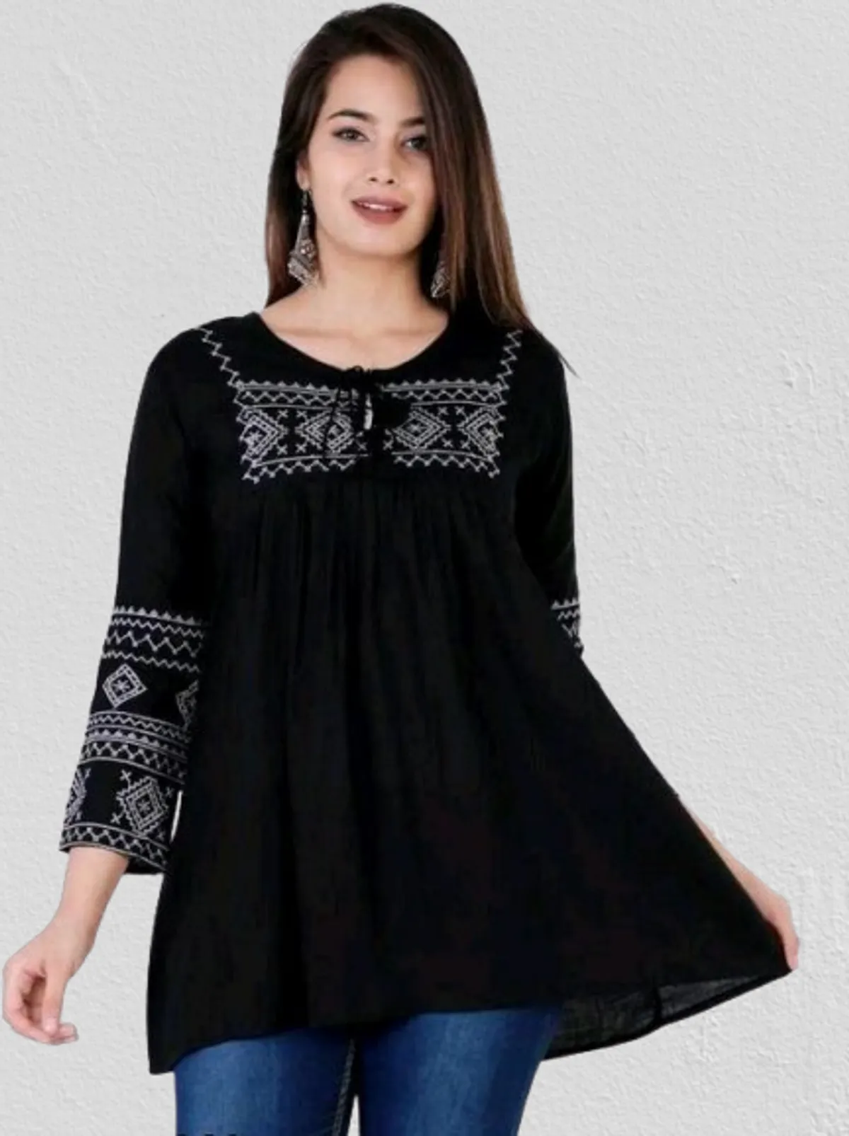 Black Trendy Premium Embroidered Charm Tunic Top (Cotton)