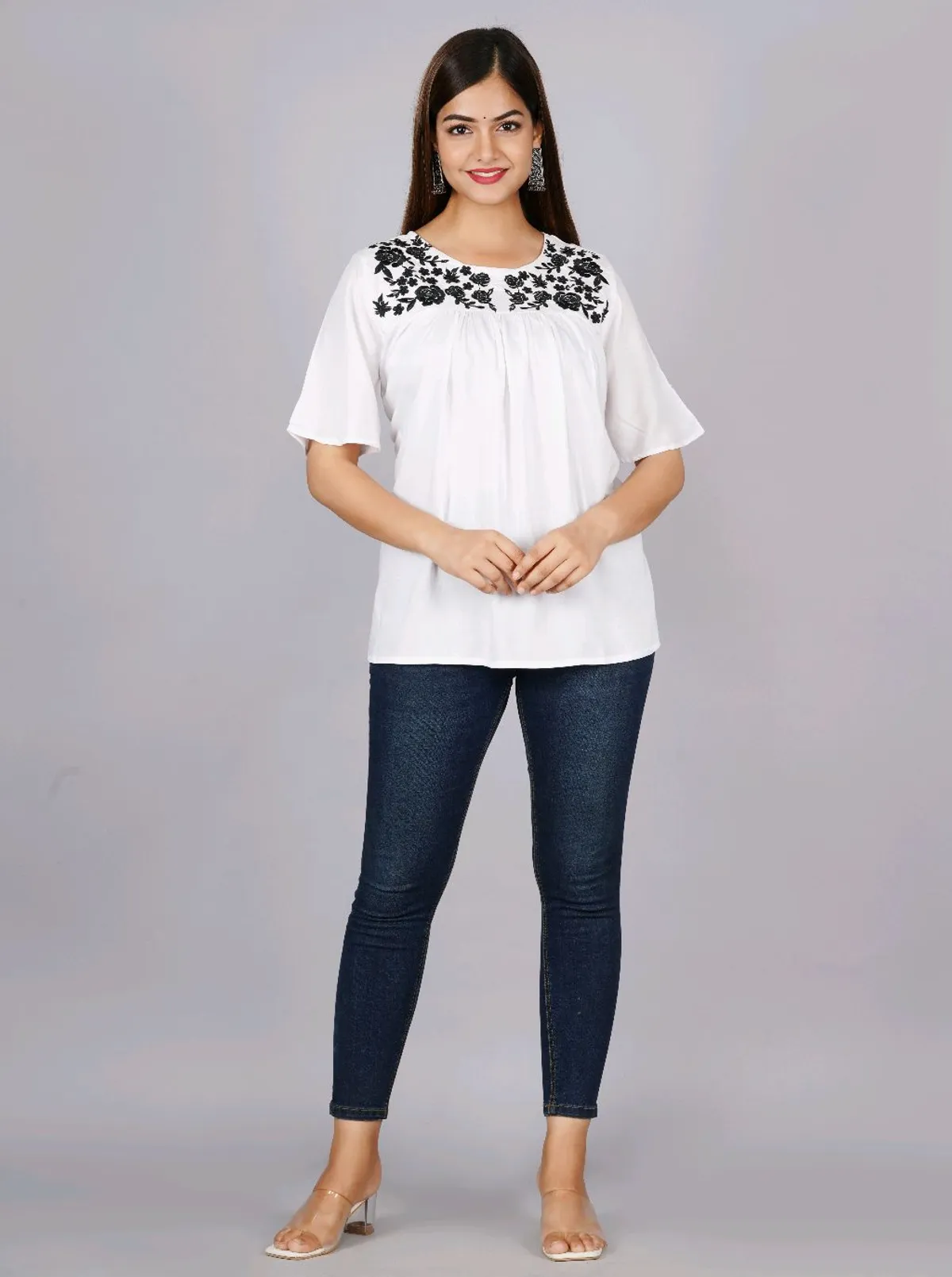 White Trendy Premium Embroidered Bliss Tunic (Rayon)