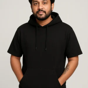 Black Trendy Premium Urban Luxe Short-Sleeve Hoodie (Cotton)